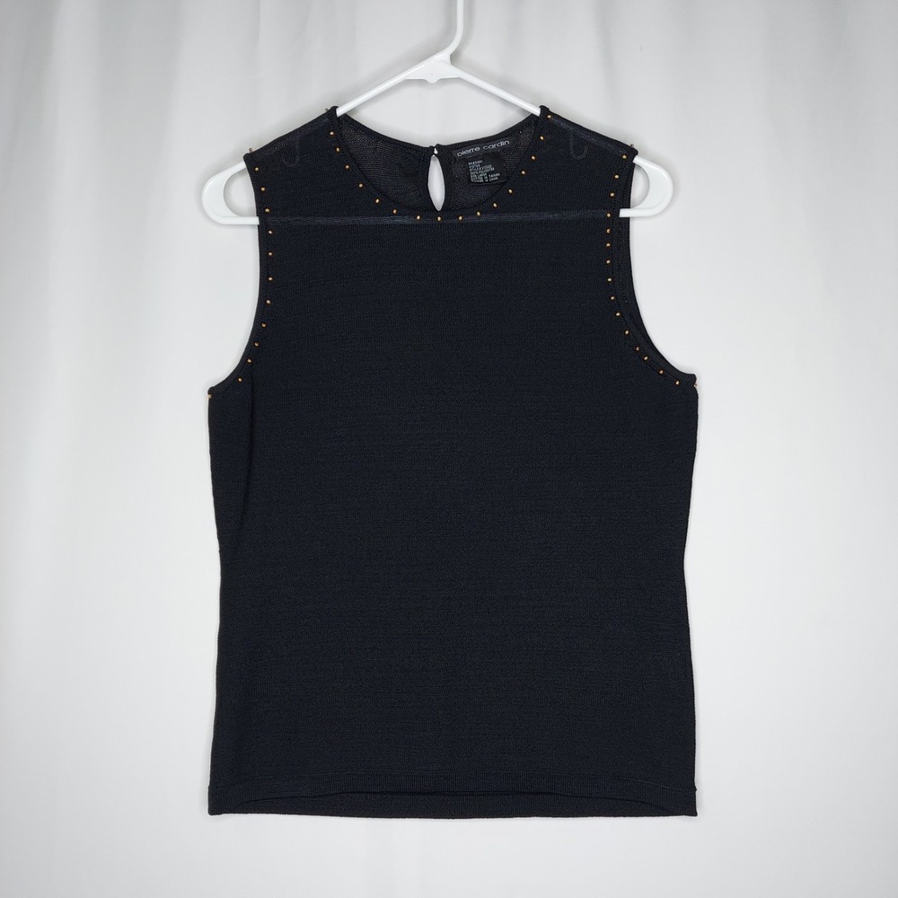 Pierre Cardin Loose Knit Tank Women Large Black Sheer Beaded Keyhole 00s Y2K